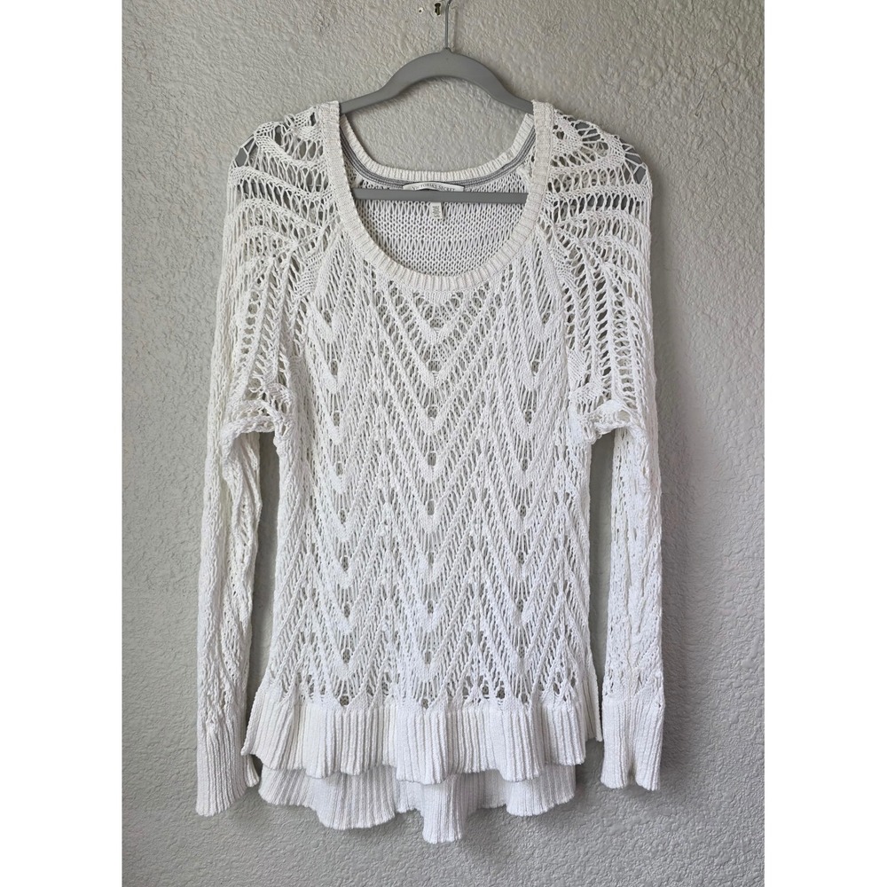 Victoria's Secret White Open Knit Crochet Cotton Ruffle‎ Hem Sweater Large